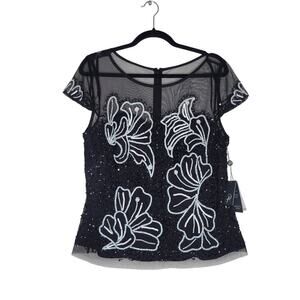 ADRIANNA PAPELL Beaded Illusion Top 14 Black Sheer Mesh Blouse Party Event New